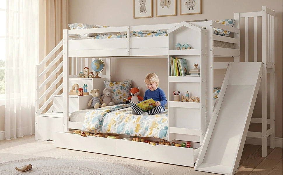 Letto a Castello 90x200 cm con Scivolo; Libreria; 2 Cassetti e Scala con Contenitori; Legno Bianco