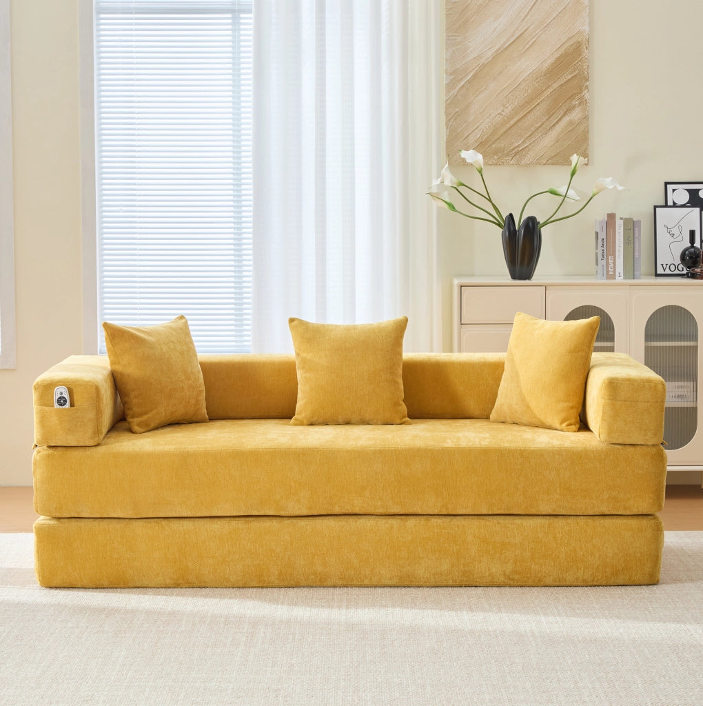 Divano modulare 198x79x60 cm in ciniglia gialla con tasche laterali
