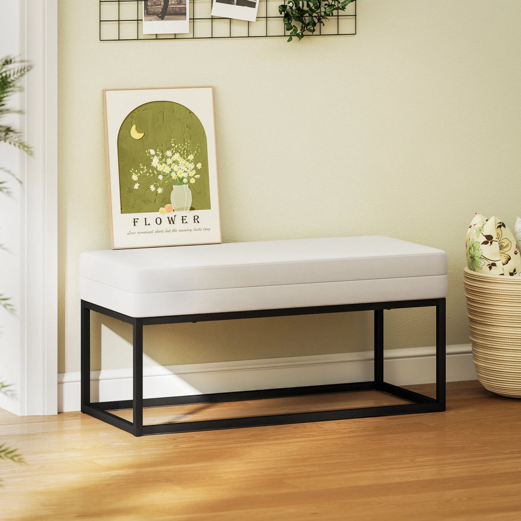 Panca da Ingresso Moderno in Acciaio, Spugna e Tessuto Vellutato con Piedini Regolabili, 94x42x44 cm, Crema