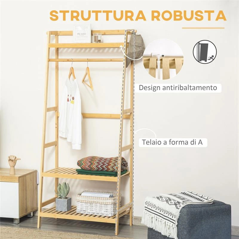 APPENDIABITI IN LEGNO DI BAMBÙ DA TERRA CON RIPIANI 70X42X164 CM COLORE LEGNO