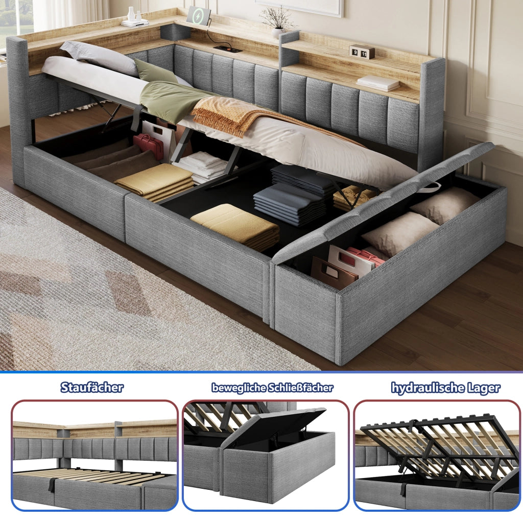 Daybed Imbottito 90x200 cm con Sollevamento Idraulico; Vano Contenitore; LED; USB; Grigio