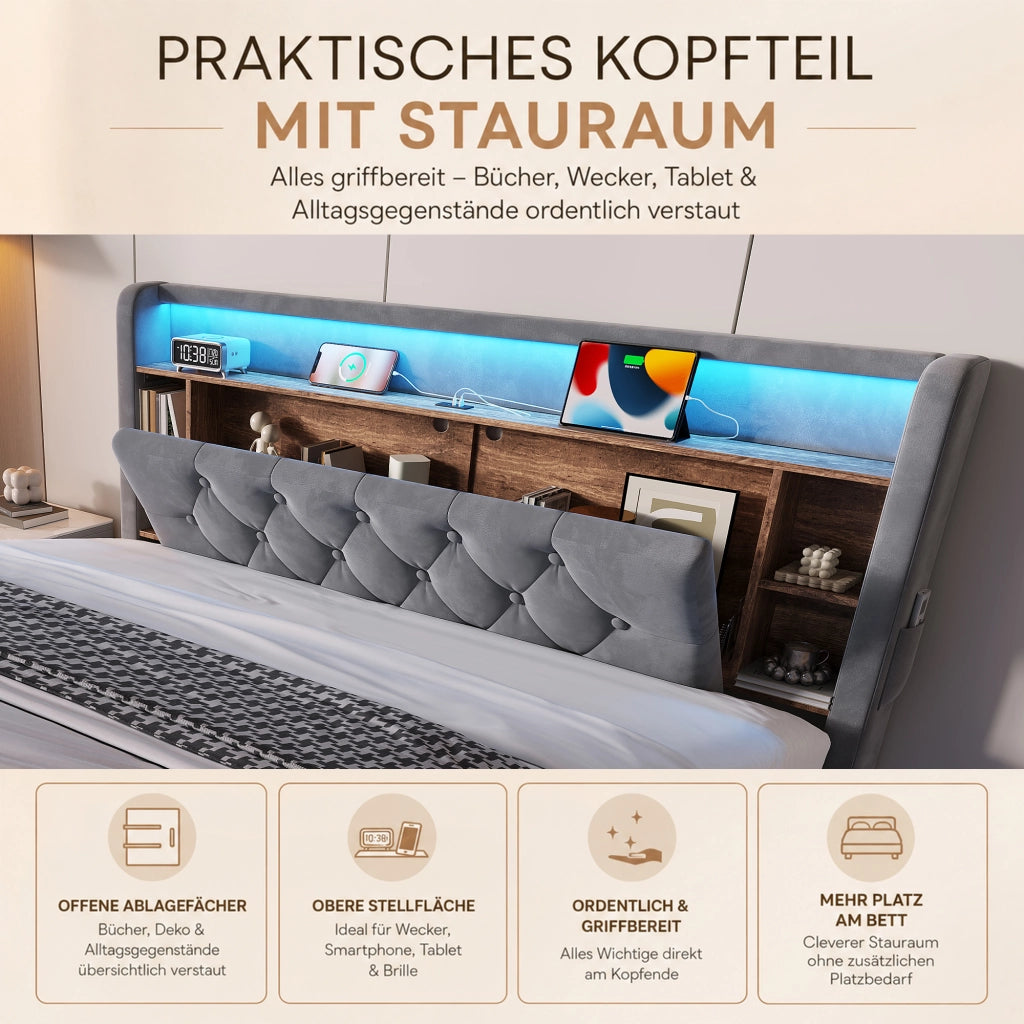 Letto matrimoniale 160x200 cm contenitore con LED; USB e Type-C; testiera con ripiani; velluto grigio scuro