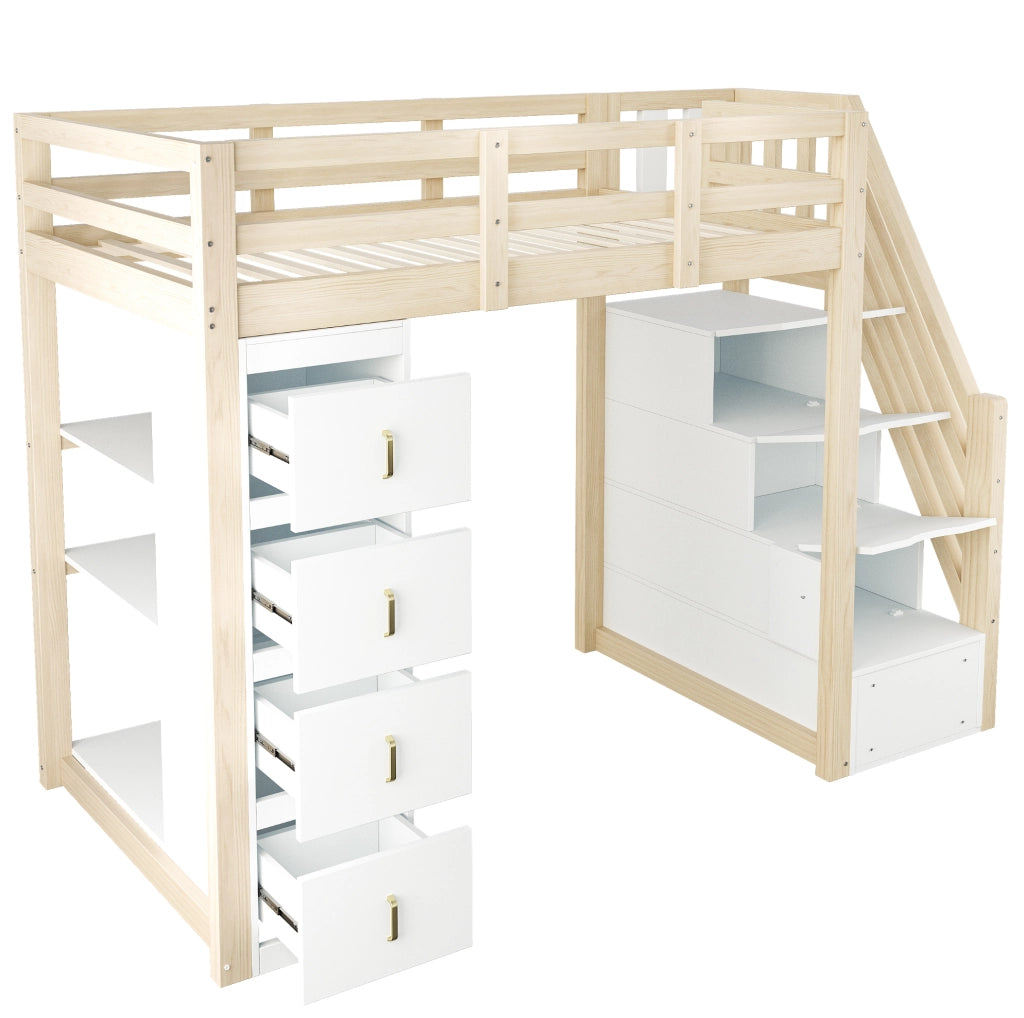 Letto a soppalco 90x200 cm con 4 cassetti e libreria; legno naturale HOMVRA