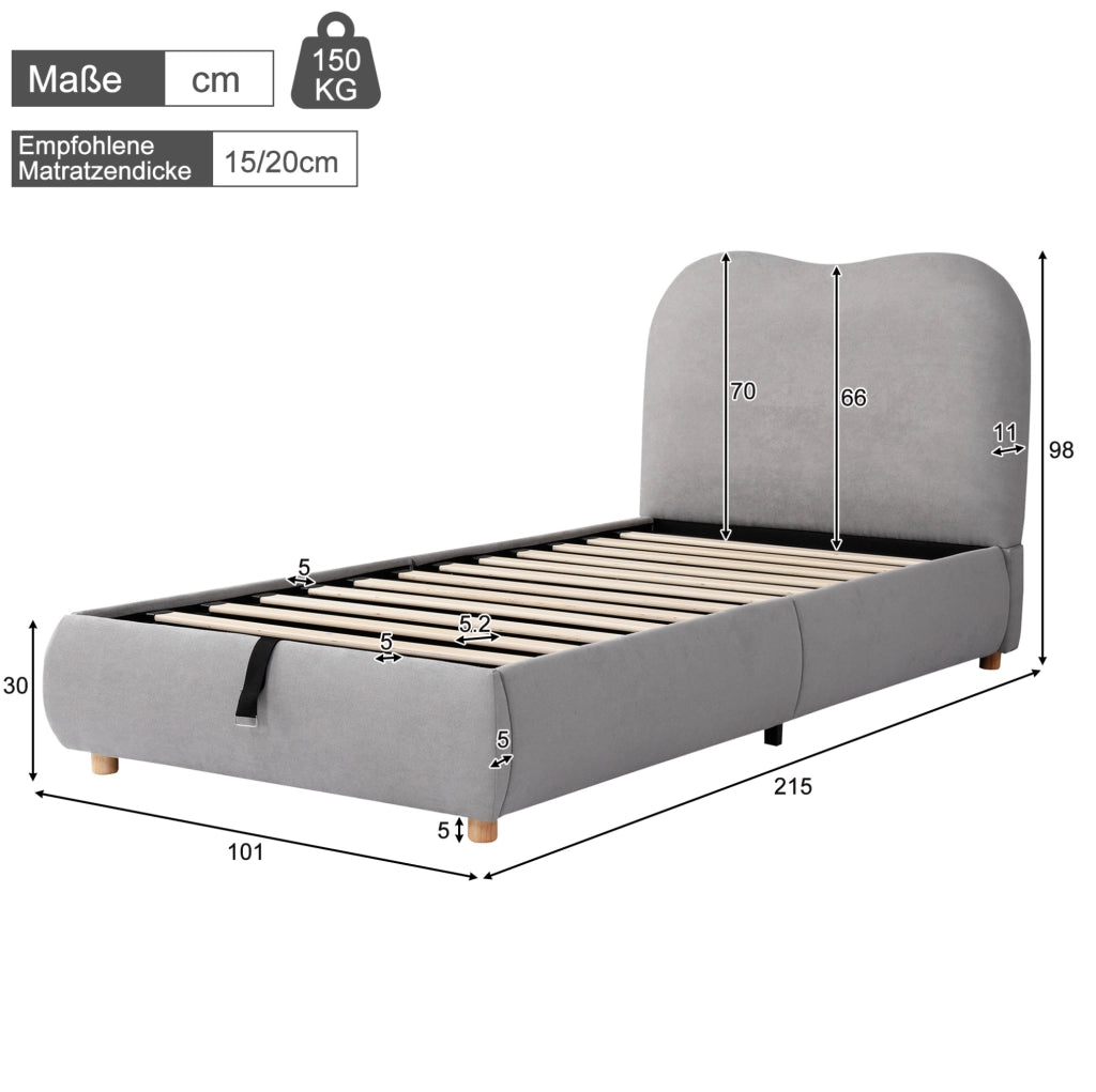 Letto imbottito per bambini grigio con contenitore idraulico
