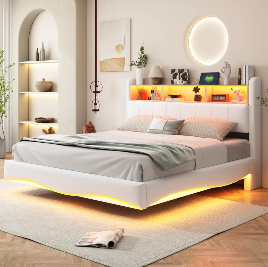 Letto imbottito sospeso 160x200 cm beige con LED, USB-C e vano testiera