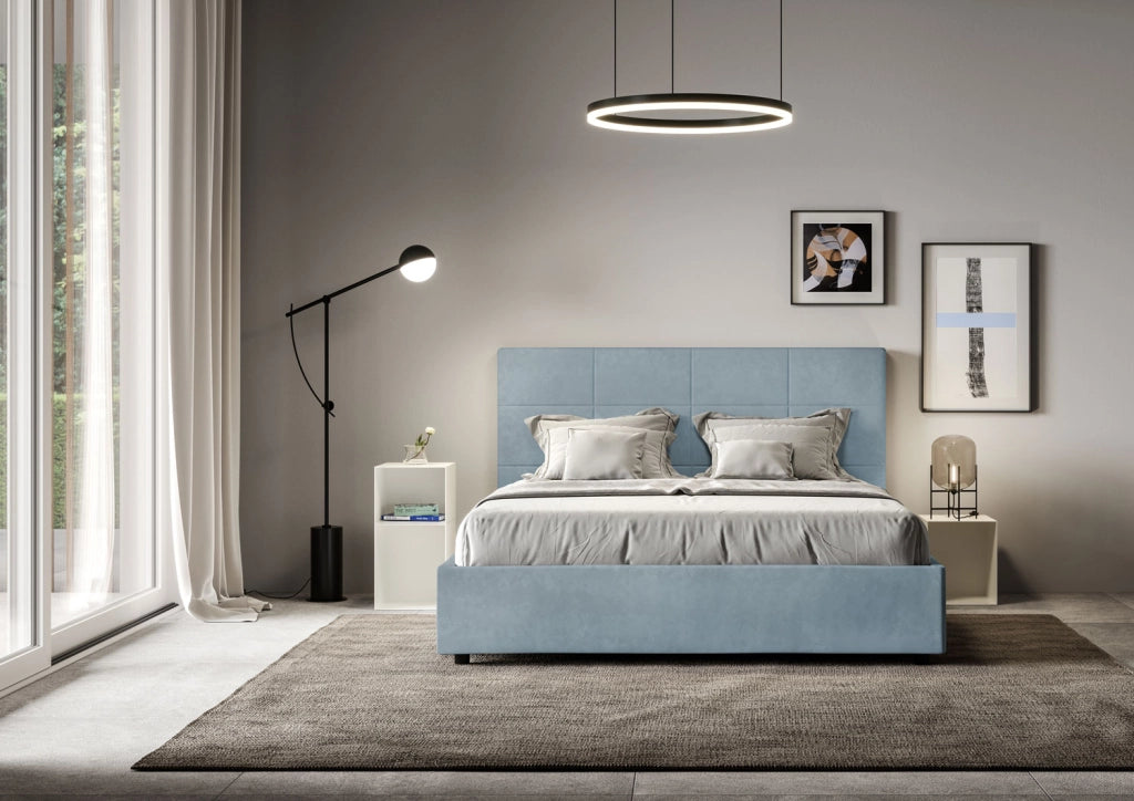 BS COM Letto matrimoniale king size senza rete imbottito 170x190 microfibra azzurro