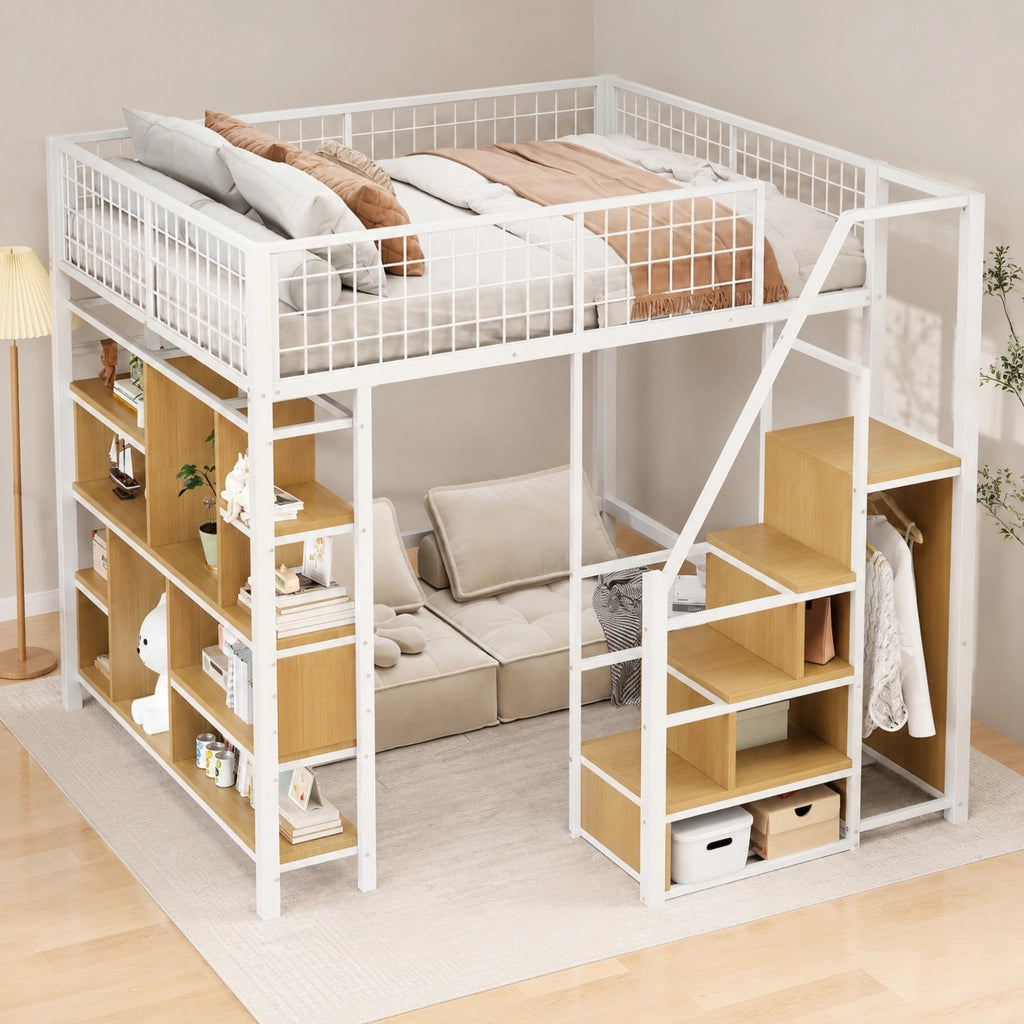Letto a soppalco 140 × 200 cm con scala contenitore e vano aperto in metallo e legno bianco