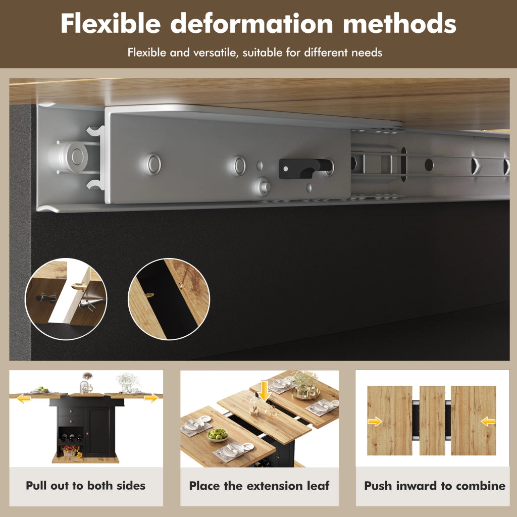 Tavolo allungabile con cassetto; ripiani regolabili e porta snack e vino in MDF nero e naturale 110-140 × 80 × 75 cm