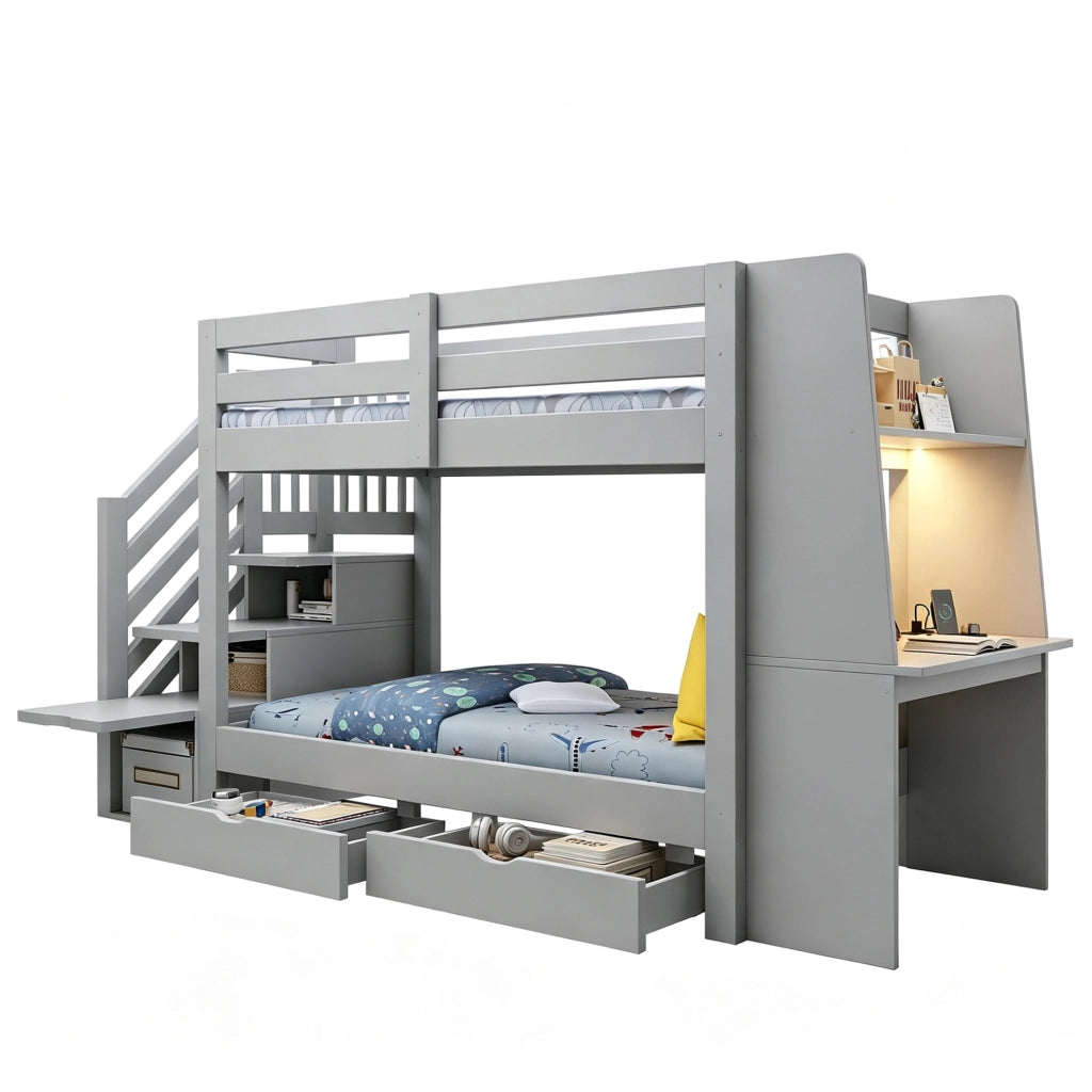 Letto a castello multifunzionale in legno 90x200 cm con scrivania integrata, scala contenitore, LED e prese, colore grigio