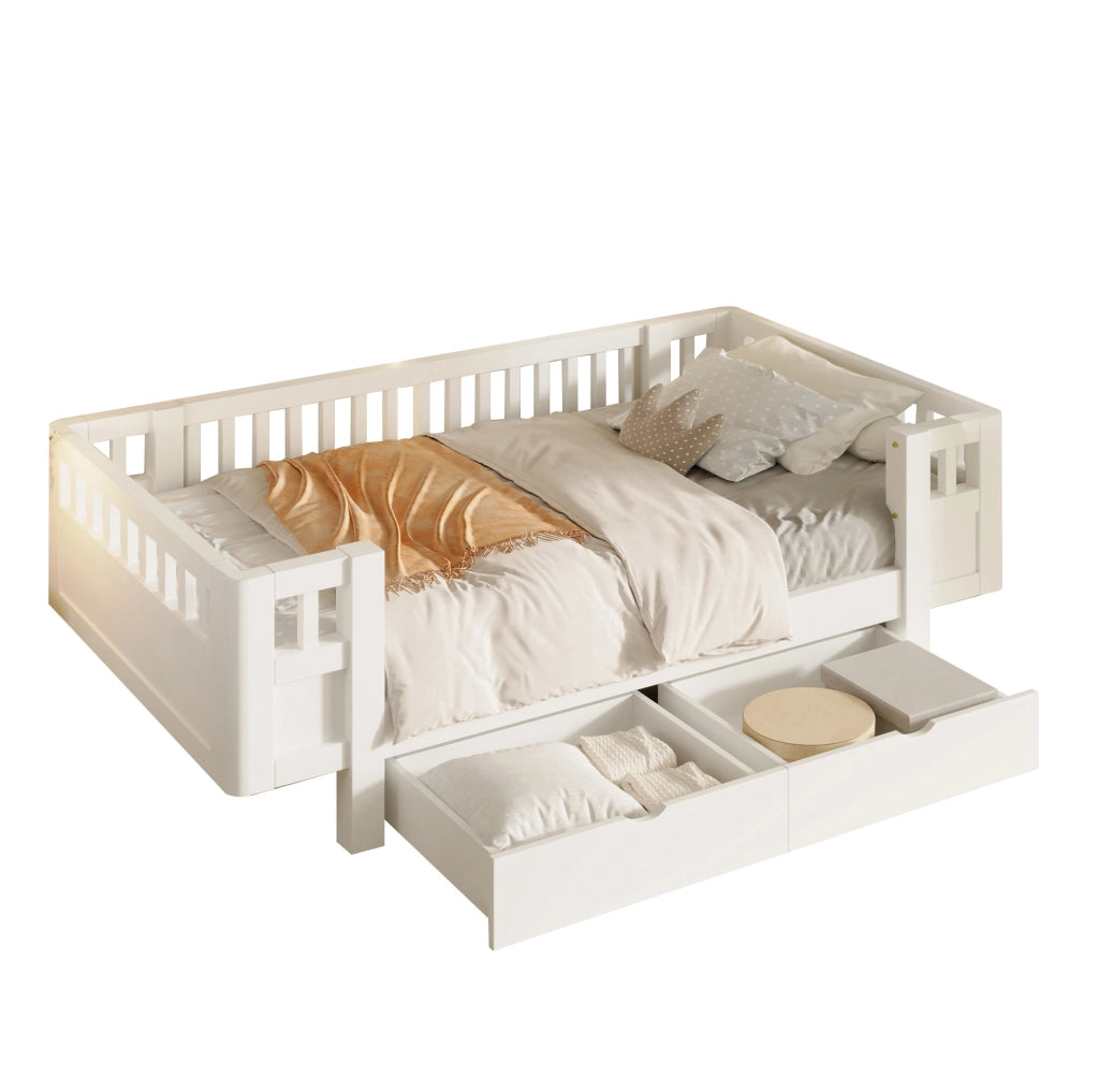 Letto a piattaforma 90x200 cm con sponde alte e due ampi cassetti, bianco