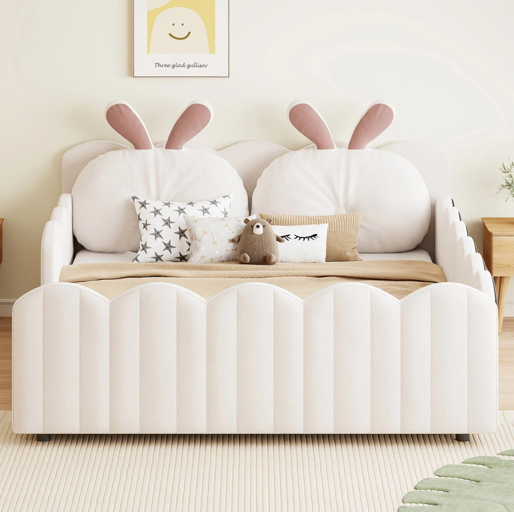 Letto a piattaforma imbottito 140x200 cm con cuscino a coniglio; beige