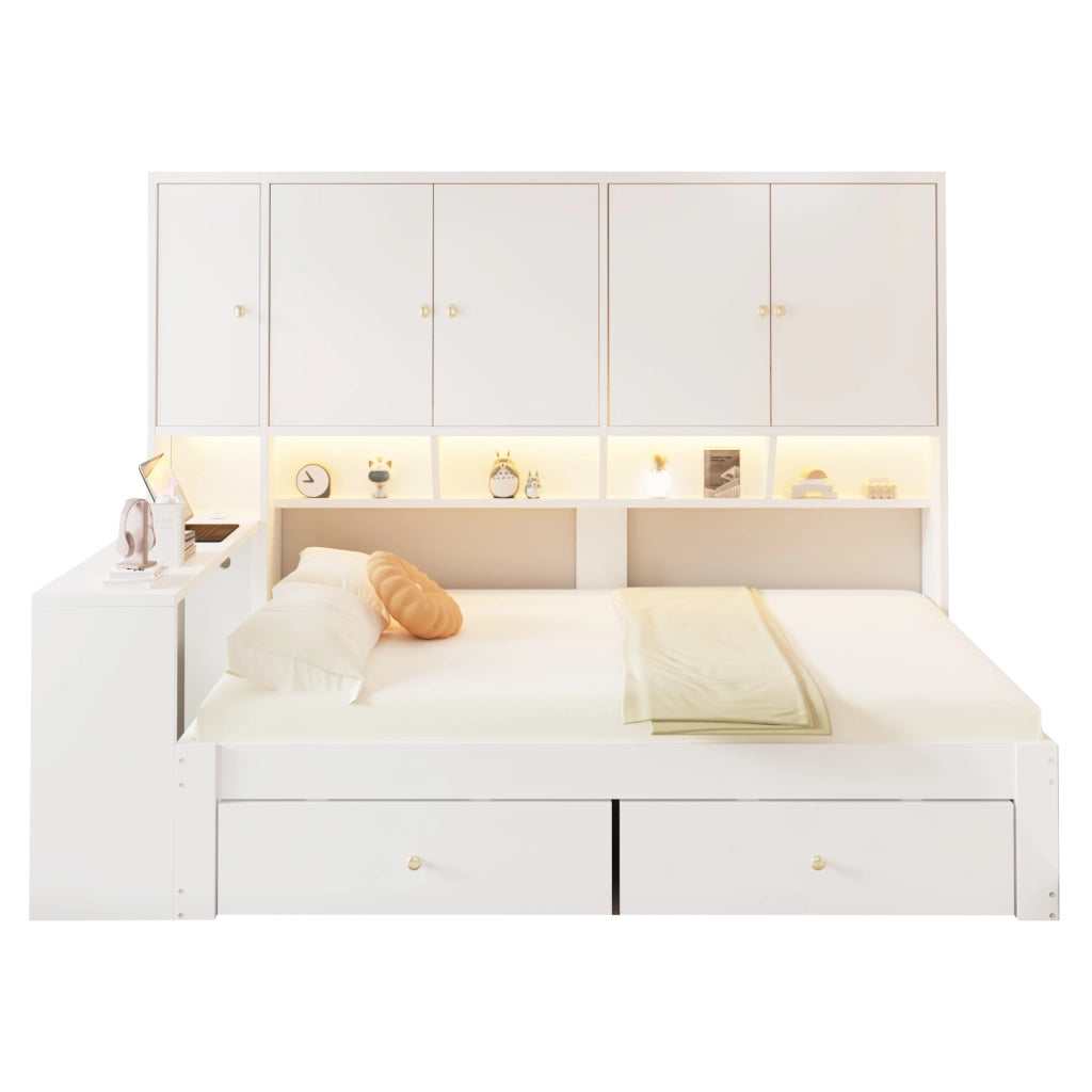 Letto per bambini 90 x 200 cm con scrivania e contenitori, letto multifunzione bianco con cassetti, ripiani, LED integrata e presa USB