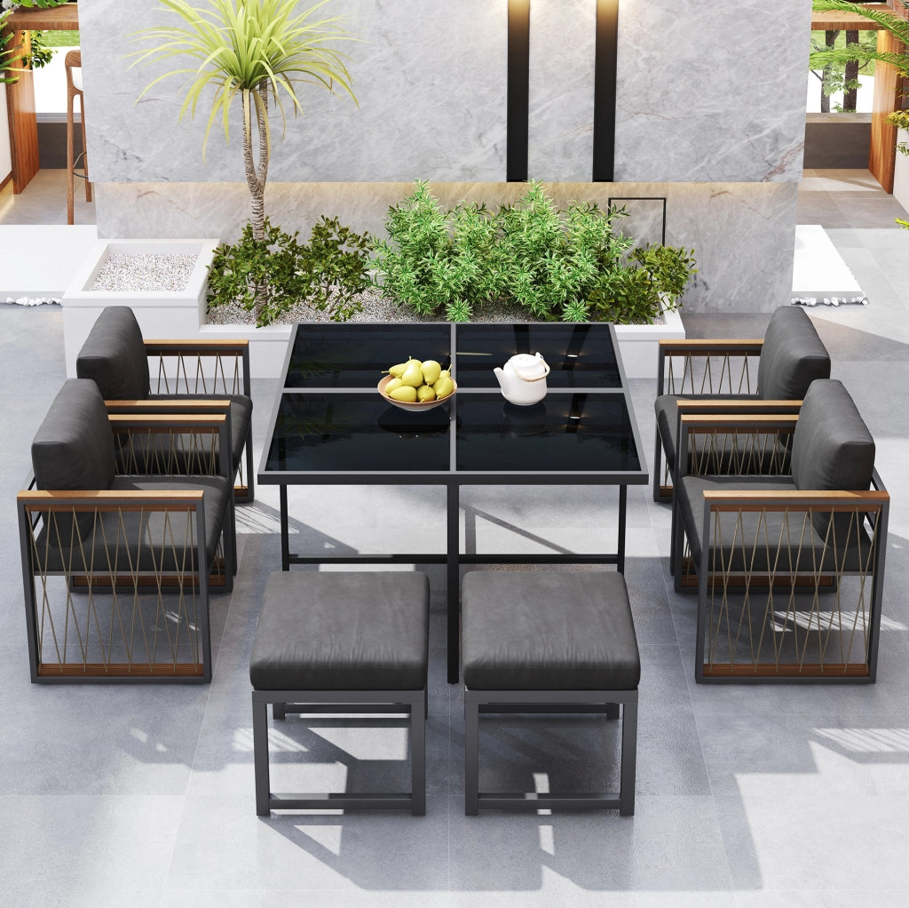 Set da pranzo da esterno 7 pezzi per 6 persone con tavolo quadrato in vetro temprato e sedie con braccioli in legno-plastica