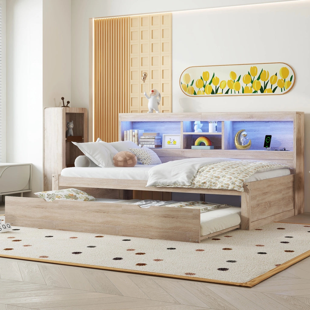 Letto estraibile singolo 90×200 cm con LED; vano laterale; prese e USB; senza materasso; naturale