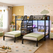 Letto a castello triplo 90 × 200 cm con scrivania, LED, prese USB e vani contenitore in metallo e MDF