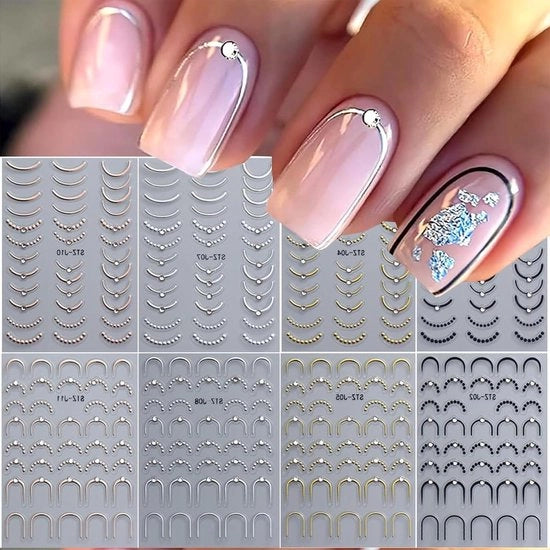 Nageli Stickers in Cristallo con Linea Francese - Set da 8 pezzi in Rosa Oro e Argento