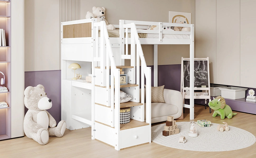 Letto a soppalco per bambini con scrivania; pino e MDF; bianco e naturale; protezioni; 90x200 cm