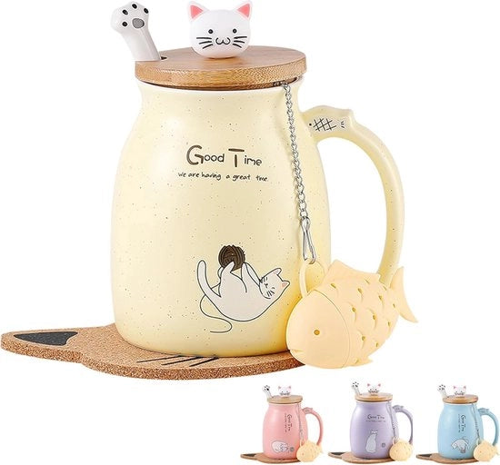 Tazza Ceramica Gatto con Coperchio e Cucchiaio - Tazza Unica per Tè e Caffè 380ML