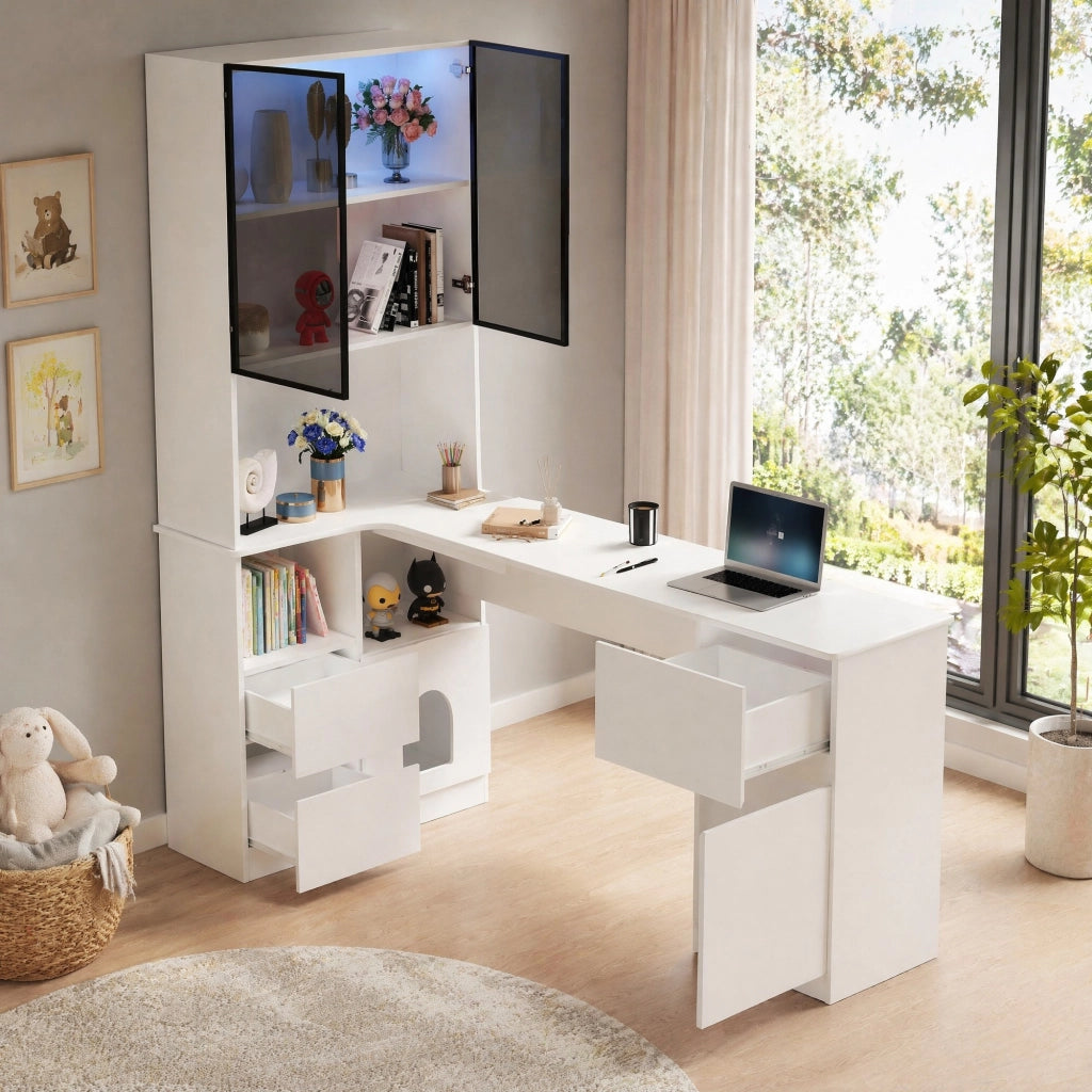 Scrivania angolare con libreria e vetrina LED, 3 cassetti e vano per animali, per studio, MDF bianco, 120 × 80 × 180 cm