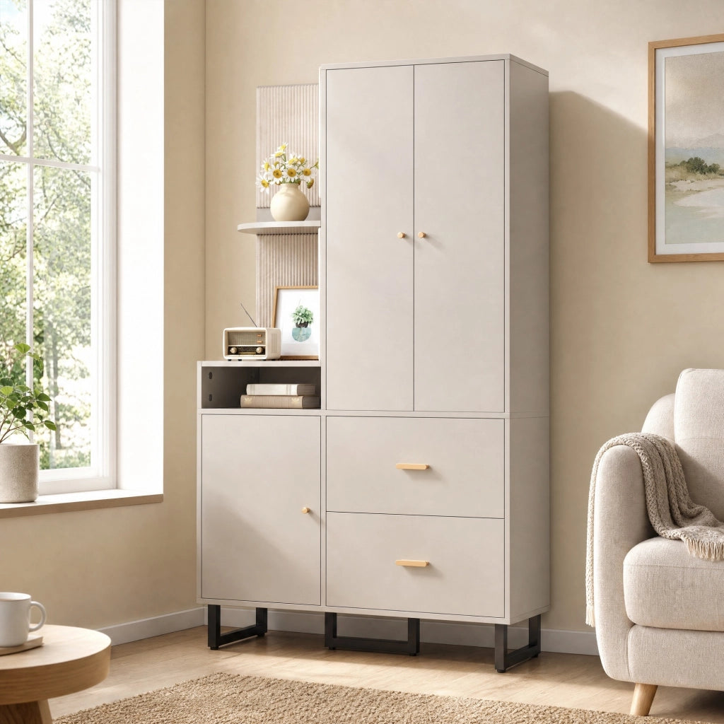 Mobile guardaroba da ingresso 110x38x186 cm in MDF beige e grigio con cassetti