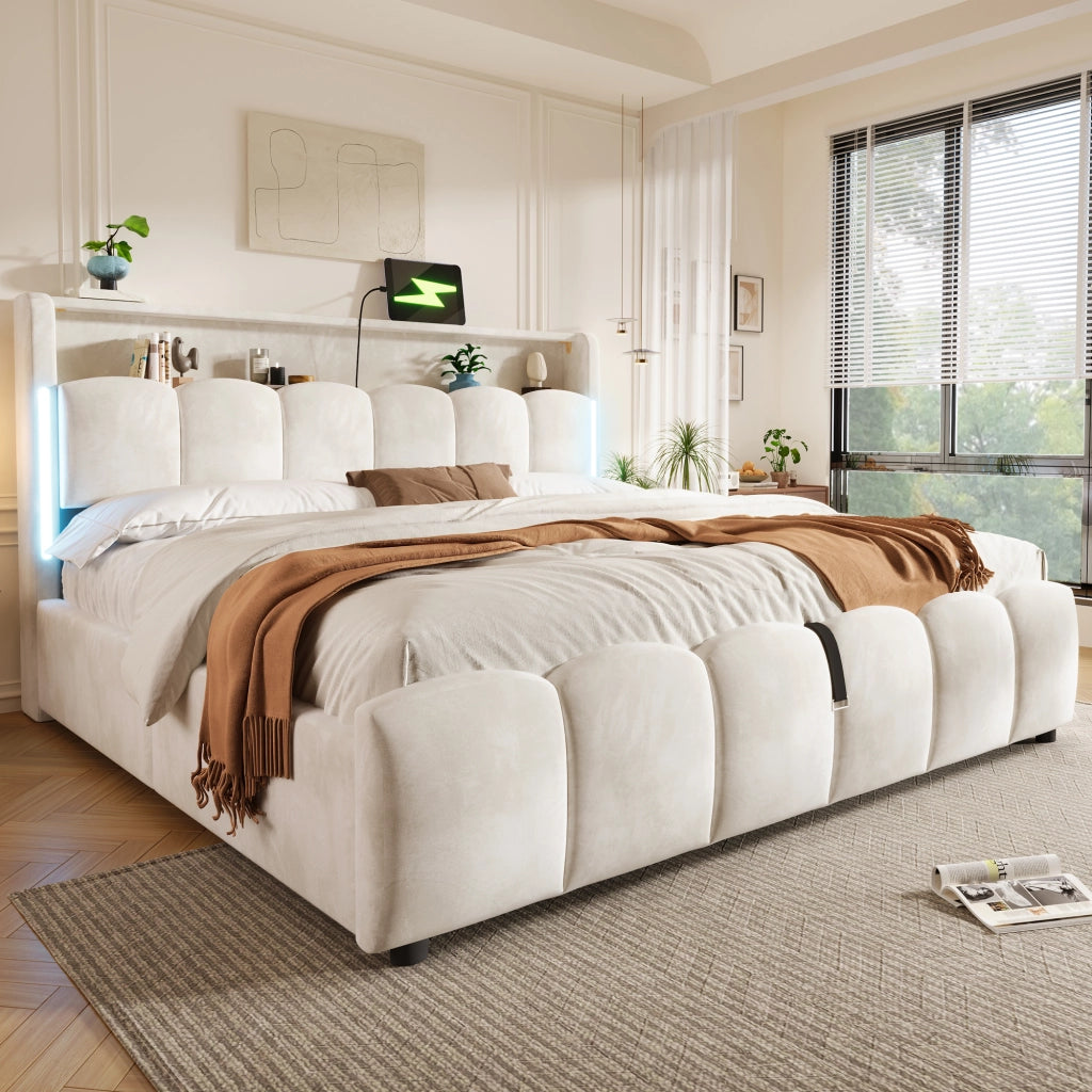 Letto contenitore 180x200 cm; matrimoniale con contenitore idraulico; testiera contenitore; LED; USB e Type-C; velluto; beige