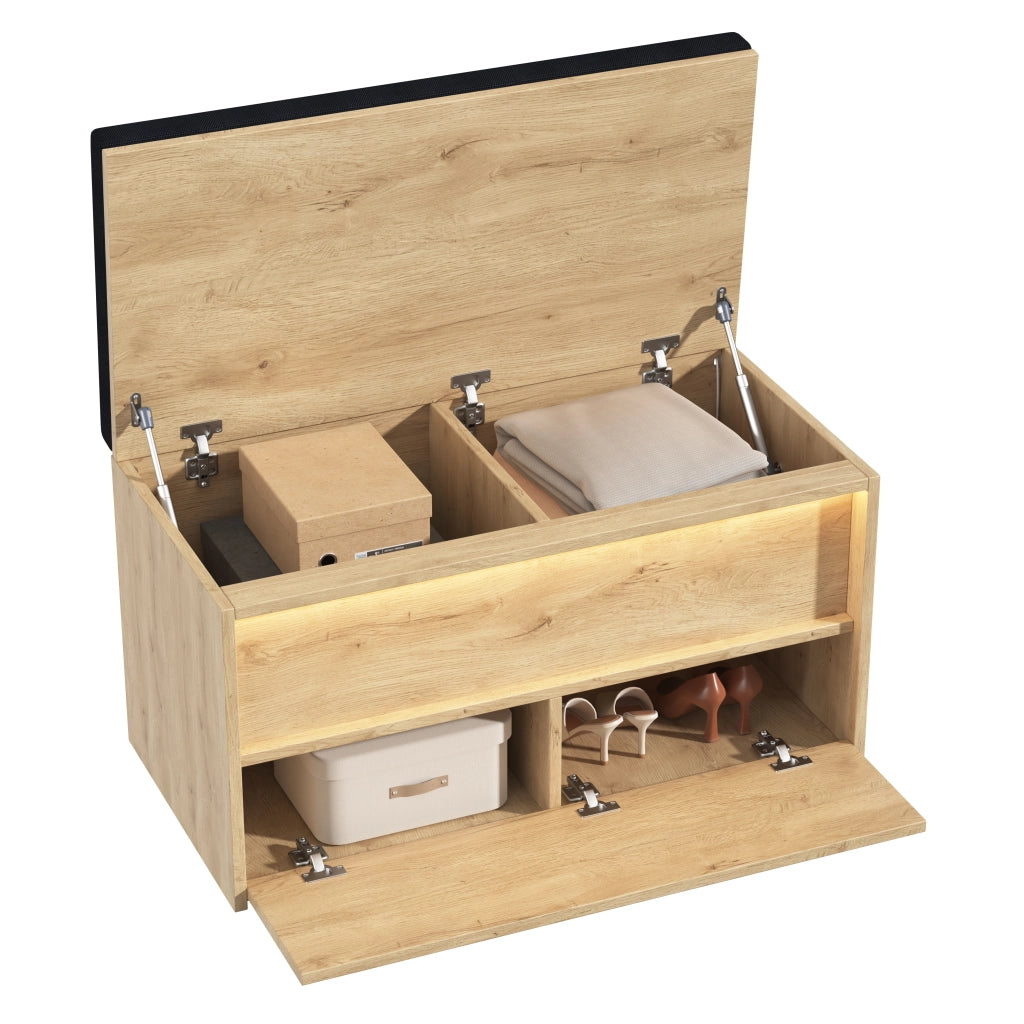 Set di mobili da ingresso con appendiabiti a parete; panca per scarpe con cuscino e LED; effetto rovere