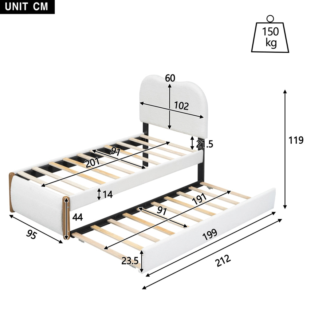 LETTO 90x200 cm con letto estraibile, rivestimento Plush, bianco