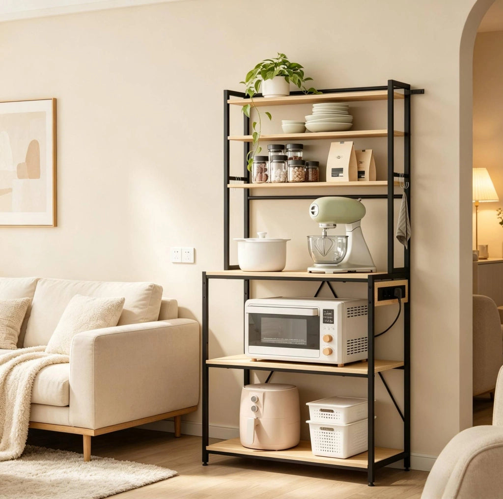 Scaffale da cucina con prese, 6 ripiani e ganci, rovere chiaro