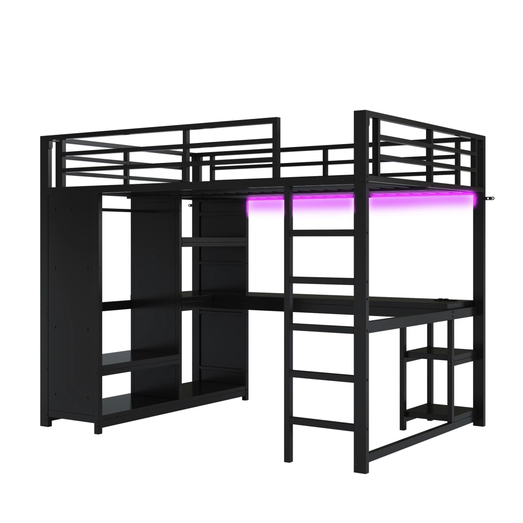 Letto a soppalco 140 × 200 cm con scrivania armadio aperto ripiani LED e stazione di ricarica in metallo nero