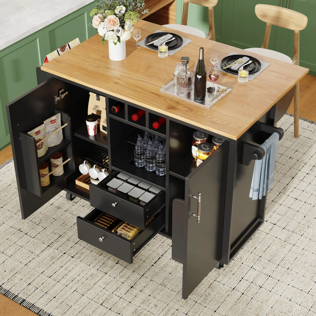 Isola da cucina mobile con piano ribaltabile; 2 cassetti; portabottiglie; ruote girevoli e ripiani nera