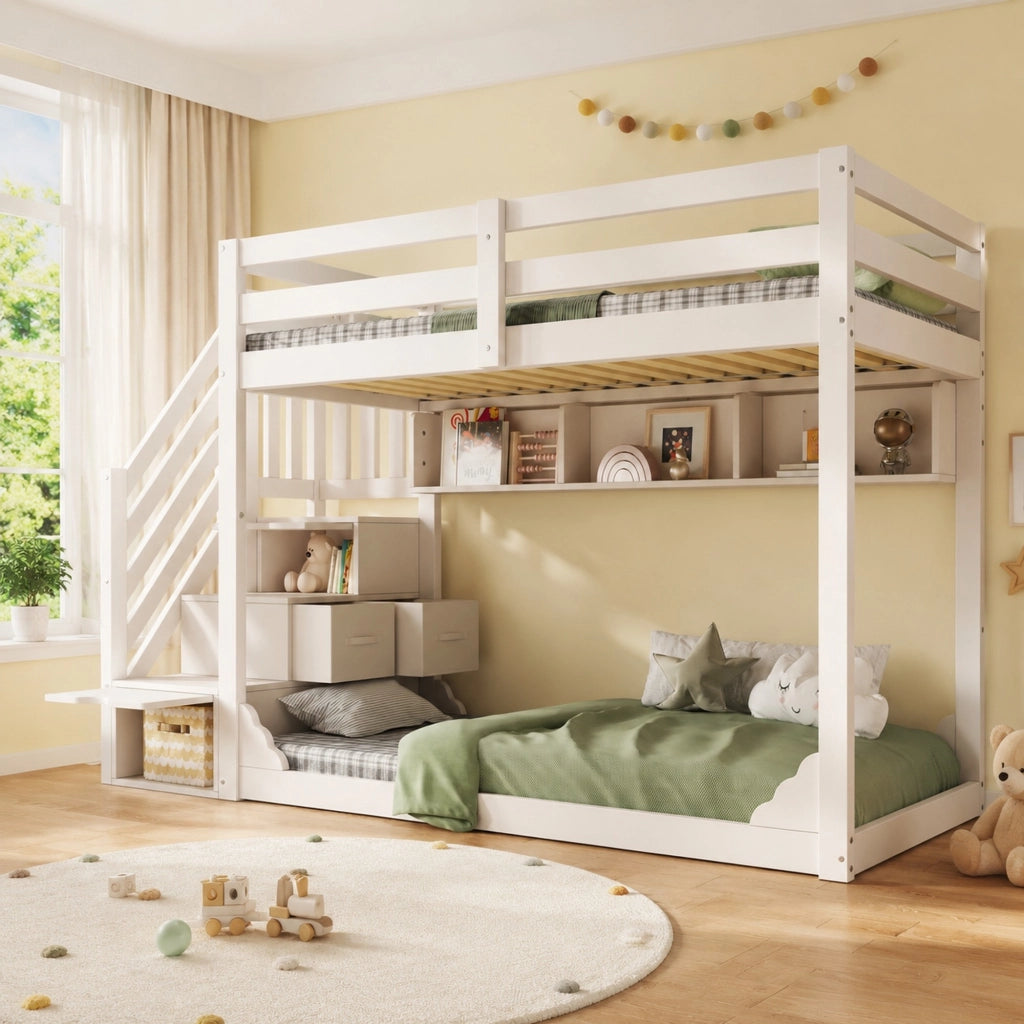 Letto a castello in legno bianco 90x200 cm per bambini con scala armadio e spazio contenitore, senza materasso