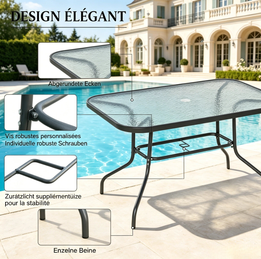 Tavolo da Giardino Rettangolare con Foro per Ombrellone, 120x80x70 cm, Metallo e Vetro Temperato, Nero