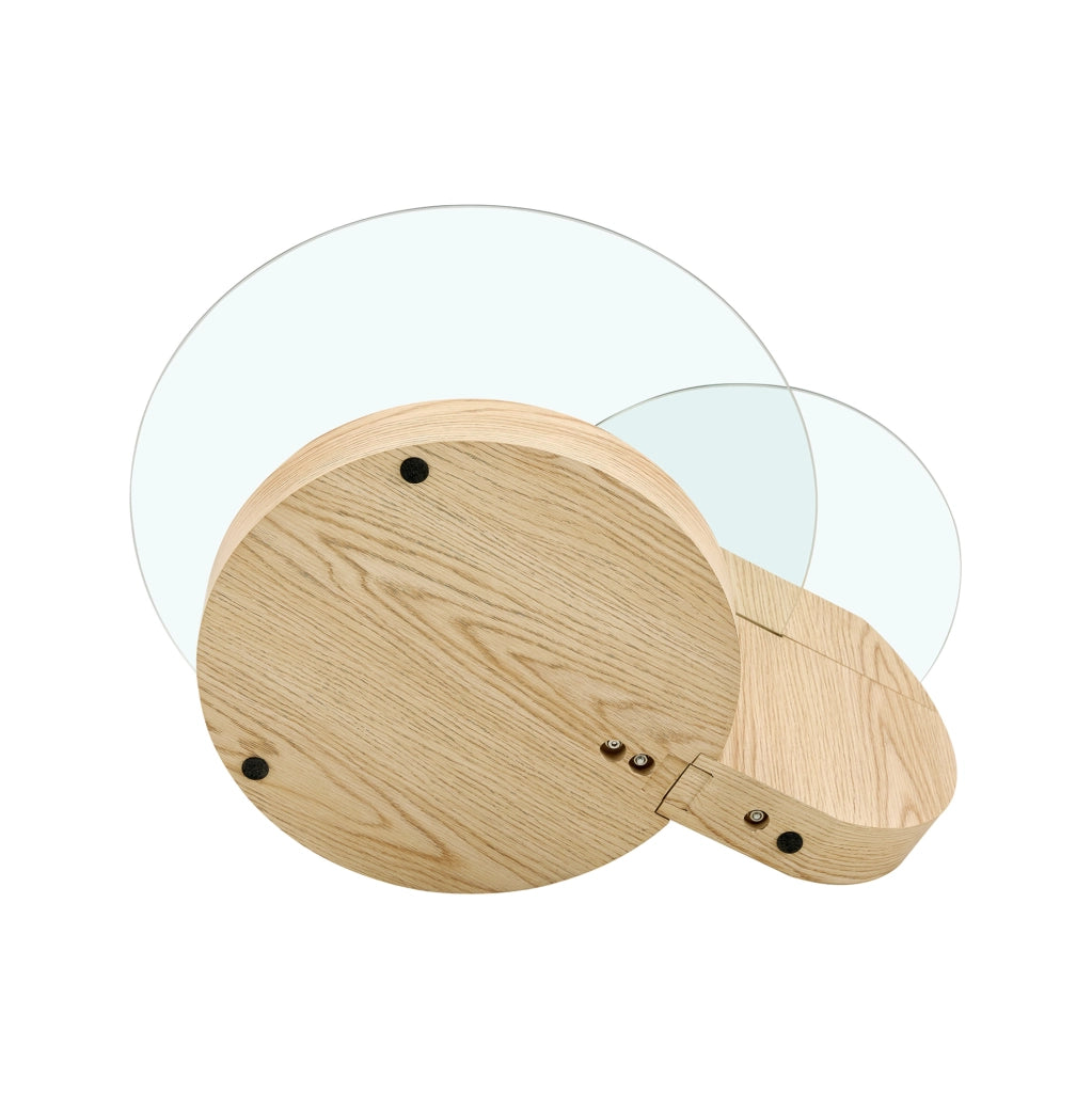 Tavolino da caffè moderno con piano in vetro di sicurezza e struttura in MDF effetto legno chiaro, design a due livelli