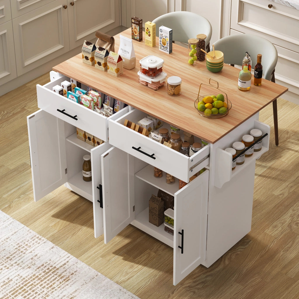 Carrello da cucina con piano ribaltabile quattro ante due cassetti e ruote bianco e naturale