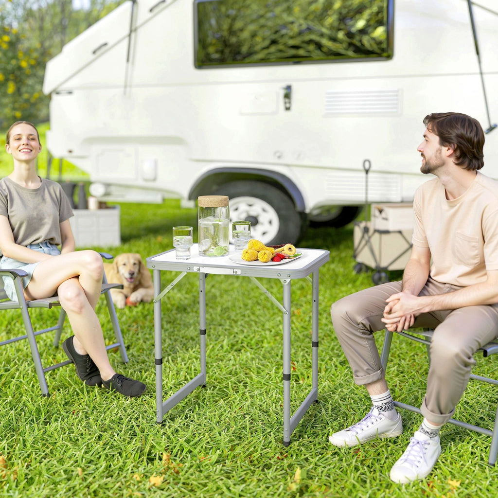 Tavolo da campeggio pieghevole ad altezza regolabile, tavolo da giardino richiudibile a valigetta in alluminio e MDF bianco