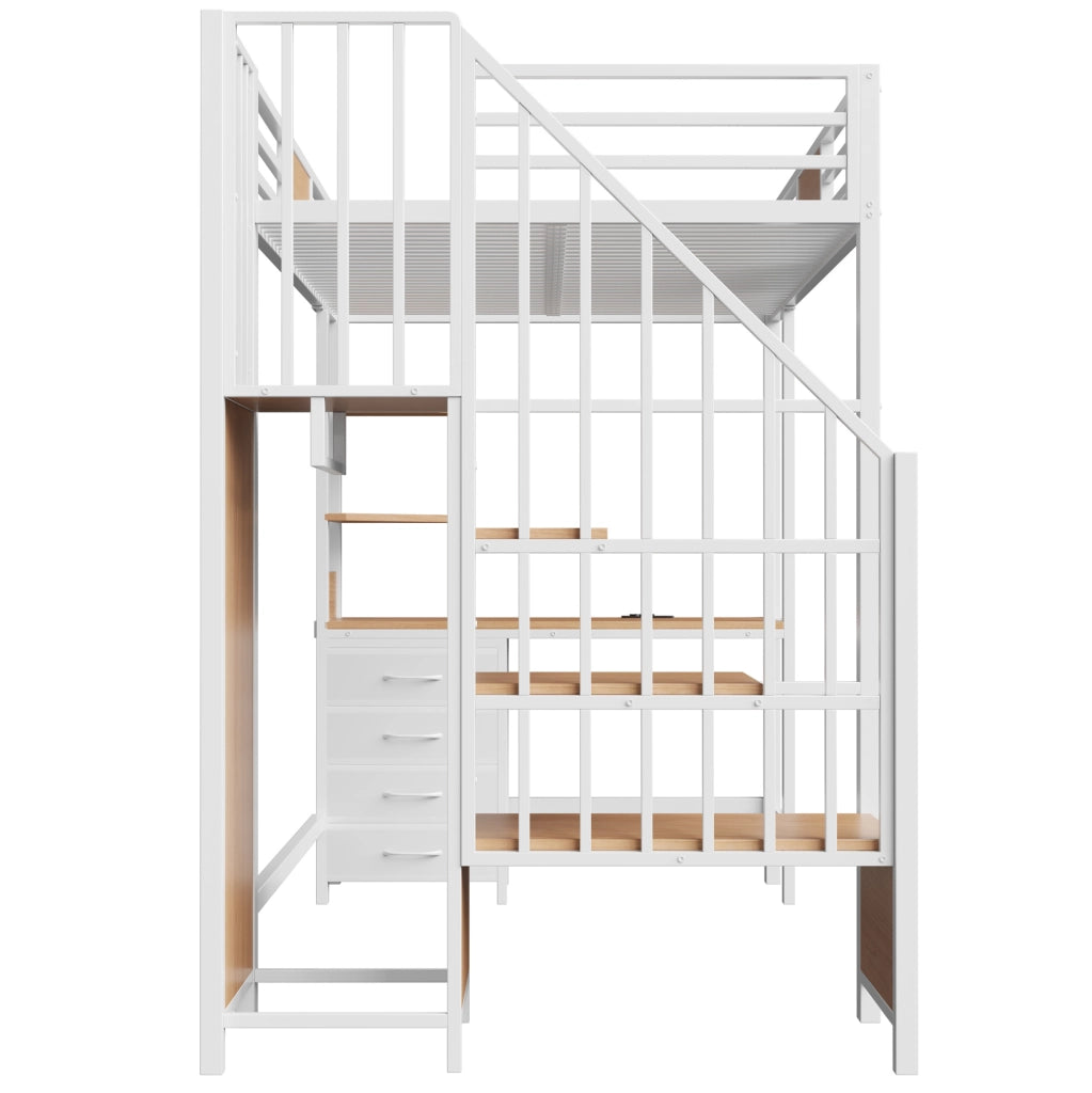 Letto a soppalco 90x200 cm bianco in metallo con scrivania, LED e presa