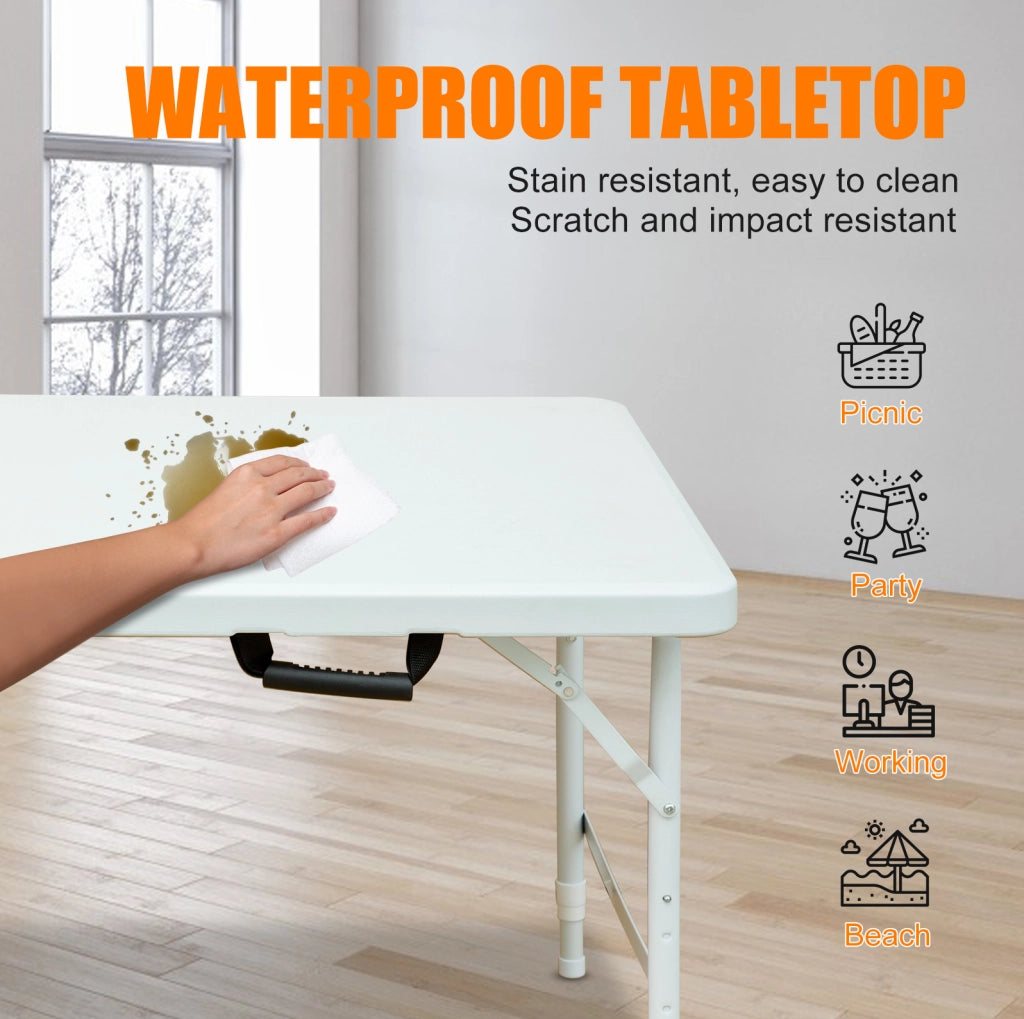 Tavolo Pieghevole Portatile 125 cm con Altezza Regolabile, Telaio in Acciaio, Capacità 135 kg, Bianco