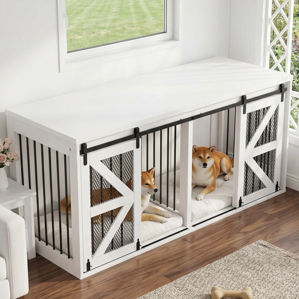 Gabbia per cani con divisorio centrale fisso e porte scorrevoli; in MDF e metallo bianco per due cani