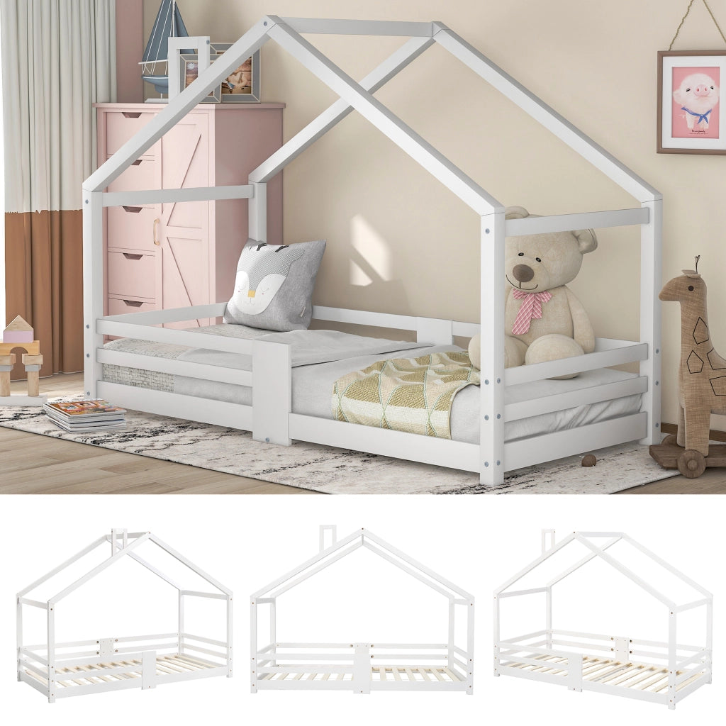Letto a casetta per bambini 90 x 200 cm con sponde di sicurezza e rete a doghe, struttura in pino massello bianco, materasso non incluso