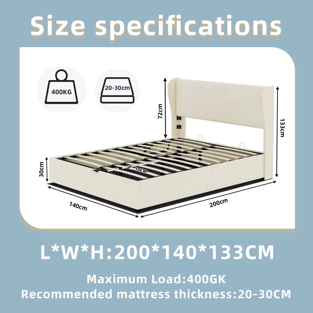 Letto Moderno Minimalista 140x200 cm Beige con Testiera Imbottita e Base Contenitore a Gas