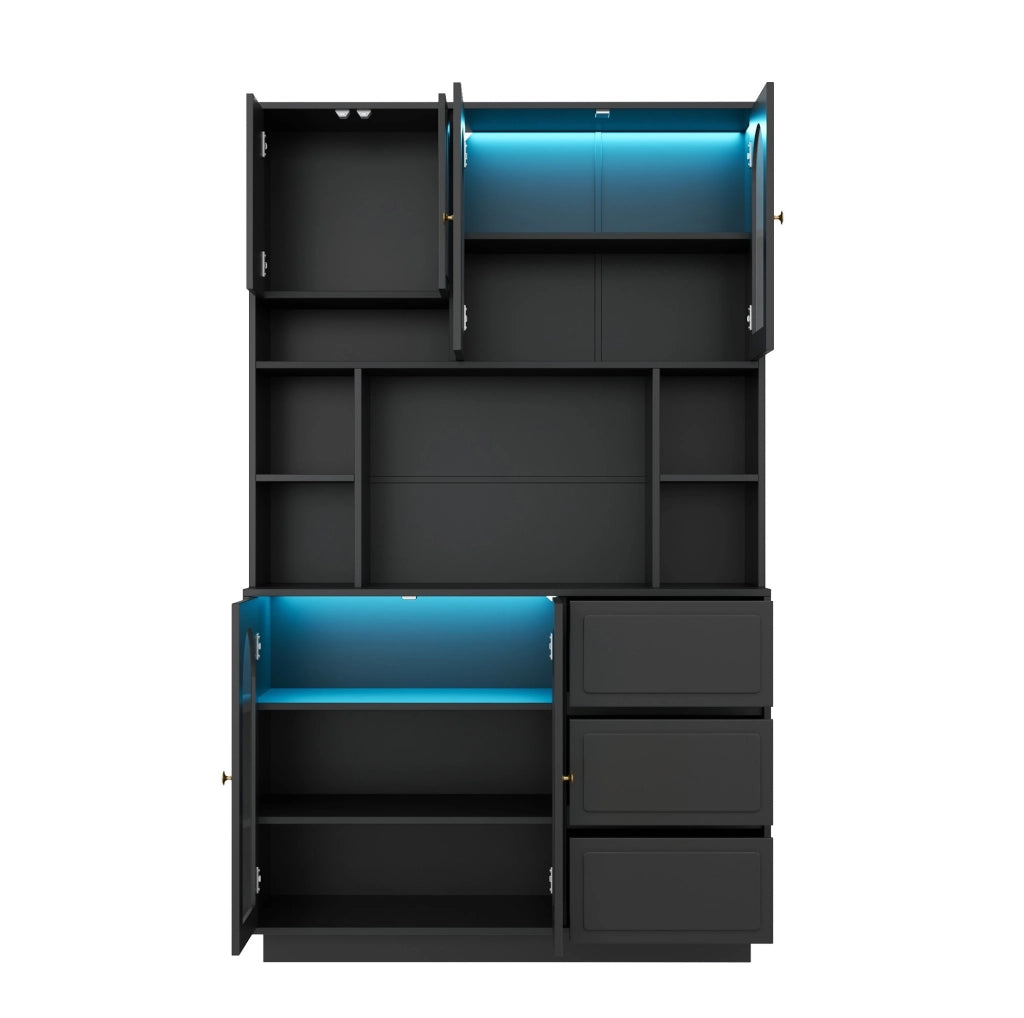 Credenza alta nera con LED app, ante acriliche e 3 cassetti