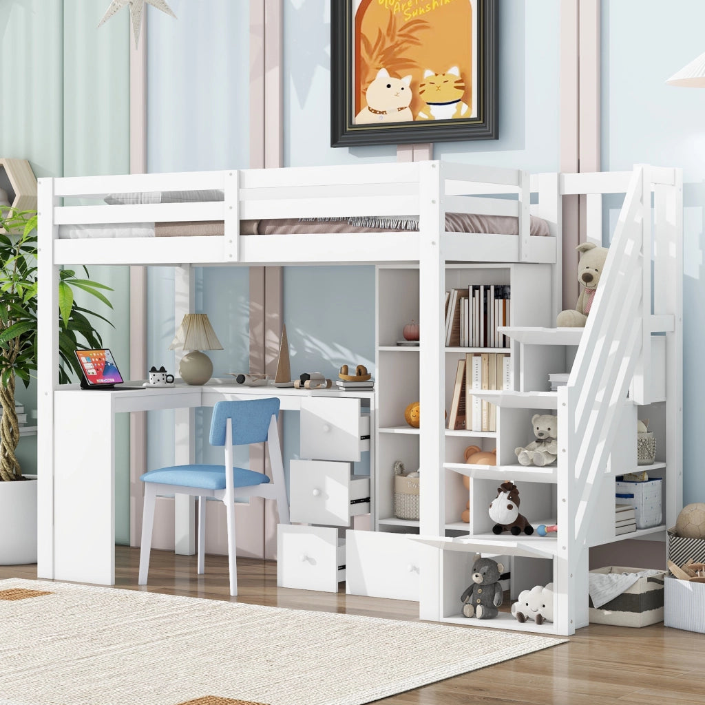Letto a soppalco per bambini 90x200 cm con scrivania; cassetti e scaffali; bianco