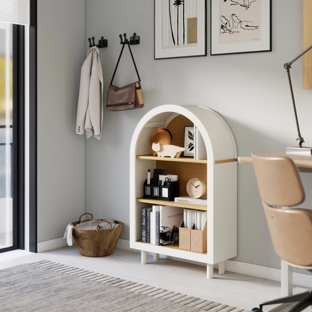 Libreria con vano portaoggetti, design moderno con bordo superiore arcuato, 3 ripiani, bianco effetto legno, per soggiorno, camera da letto e ingresso
