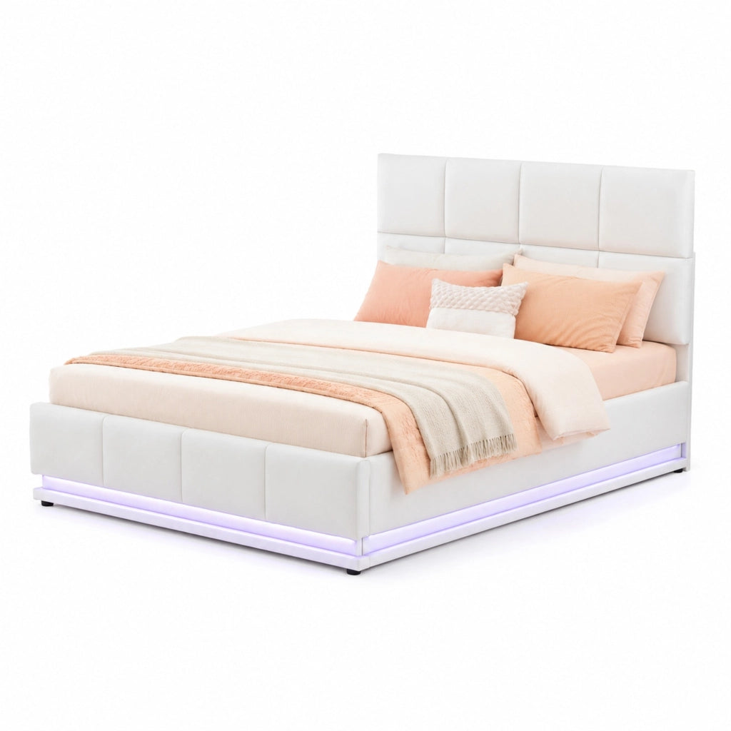 Letto imbottito 140x200 cm con LED, contenitore e struttura sollevabile