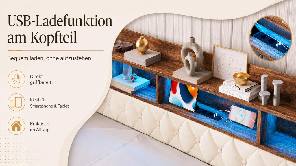 Letto singolo imbottito 90x190 cm con contenitore, LED integrato, porte USB e Type-C, testiera con ripiani e 2 cassetti beige