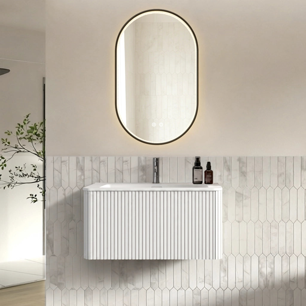 Set mobili bagno sospeso con specchio LED e lavabo integrato in MDF bianco
