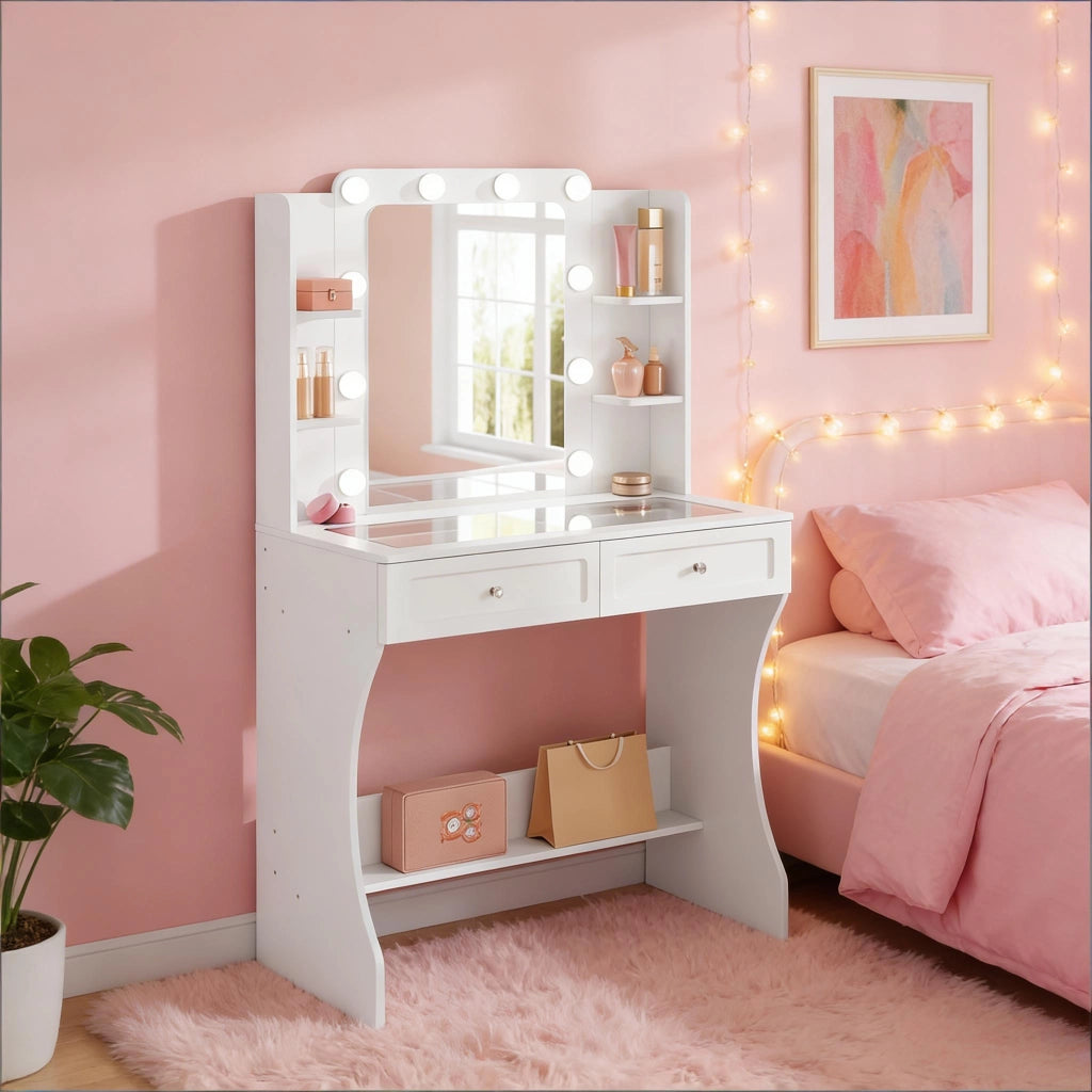 Toeletta con specchio LED tricolore; piano in vetro temperato; 2 cassetti e 4 vani aperti bianca 80 × 135 × 40 cm
