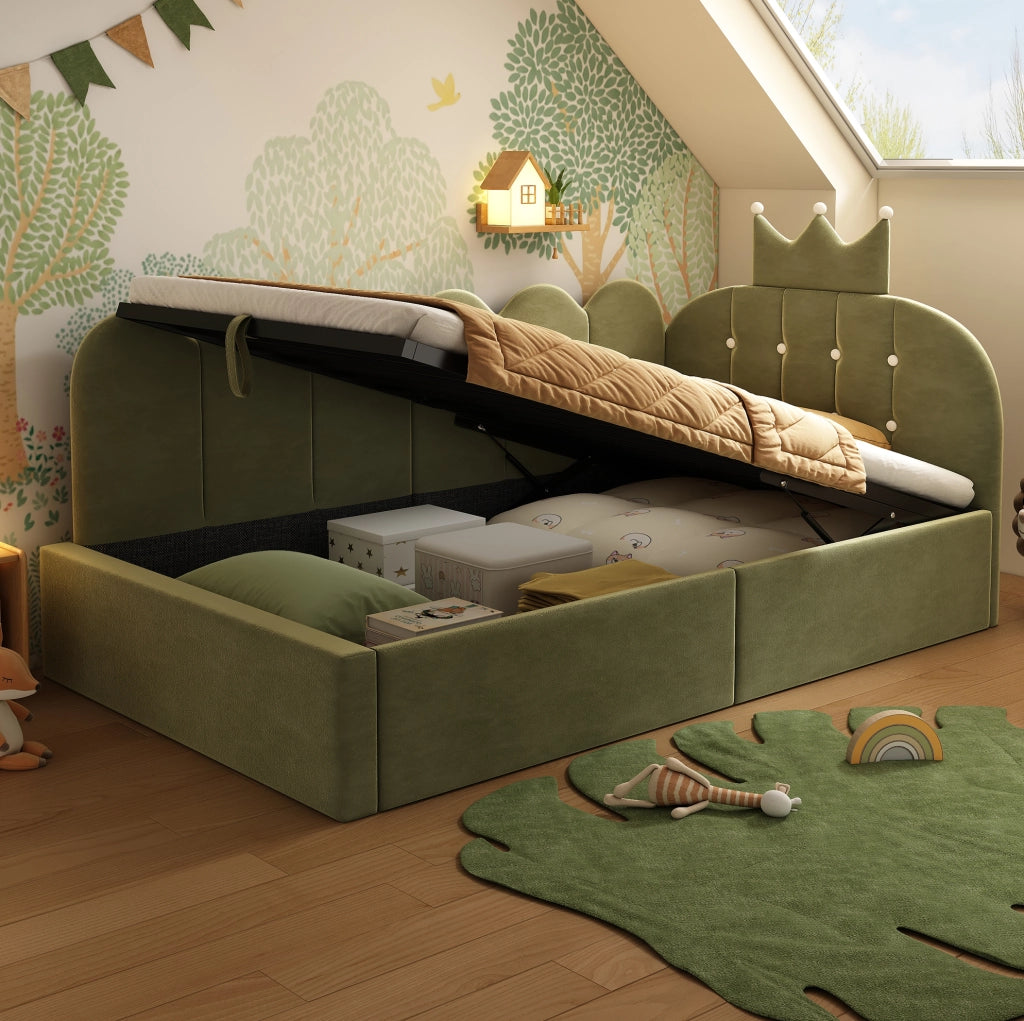 Letto singolo 90x200 cm con contenitore idraulico e rete in velluto verde
