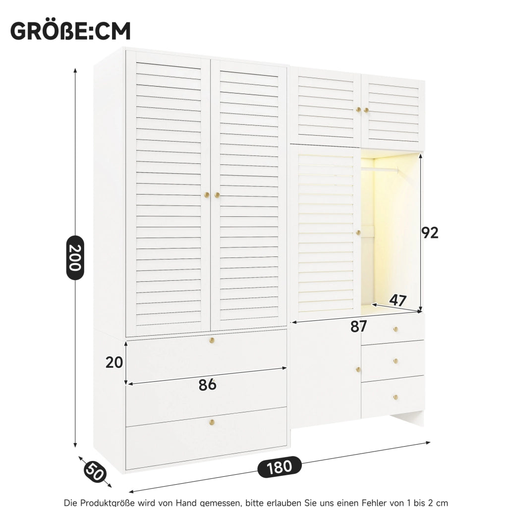 Armadio bianco multifunzione con 2 bastoni appendiabiti, 6 cassetti, cesta portabiancheria e illuminazione LED, 180x50x200 cm