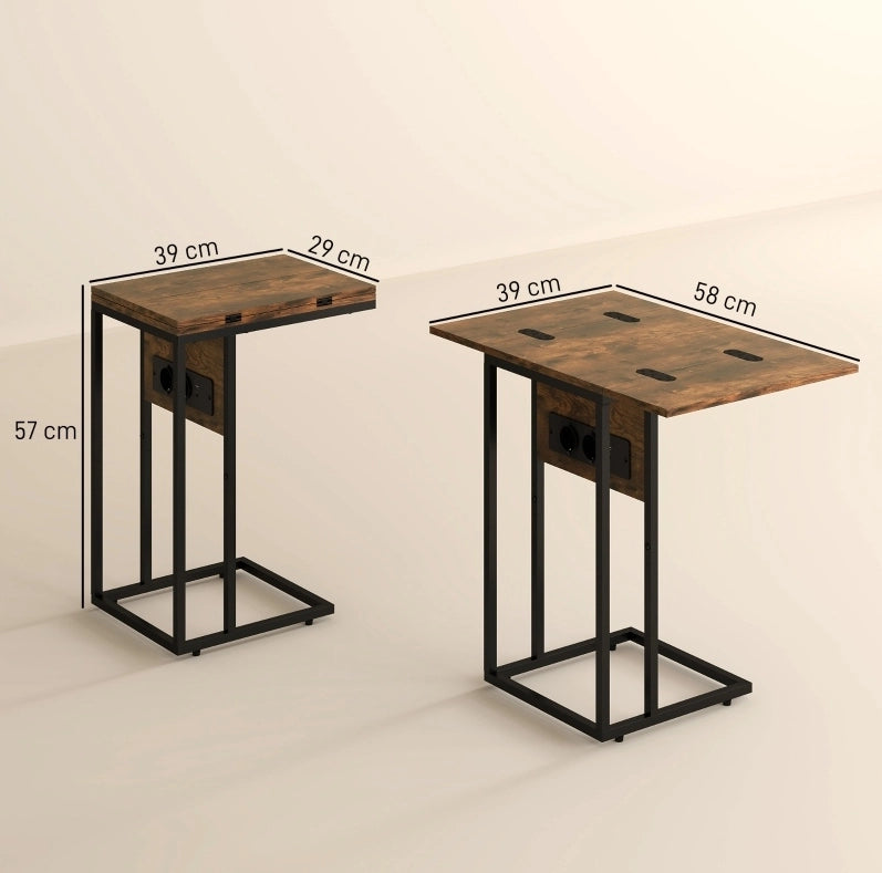 Tavolino pieghevole con stazione di ricarica USB, metallo e pannello marrone 39x29x57 cm